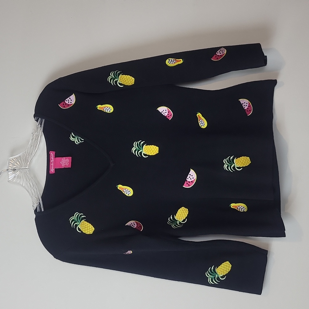ALEXANDRA BARTLETT Black Embroidered Novelty Tropical Fruit V-Neck Sweater